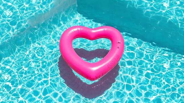 A vibrant bright pink heart shaped inflatable pool float gently floating in clear turquoise water on a beautiful warm sunny summer afternoon