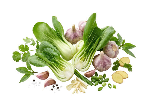 Fresh Ingredients for Asian Cuisine: A vibrant arrangement of fresh bok choy, garlic, ginger, and herbs, showcasing the essential elements for creating authentic and flavorful Asian dishes.