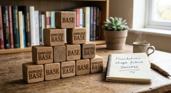 Wooden cubes stacked with 'knowledge base' inscriptions near books and a plant
