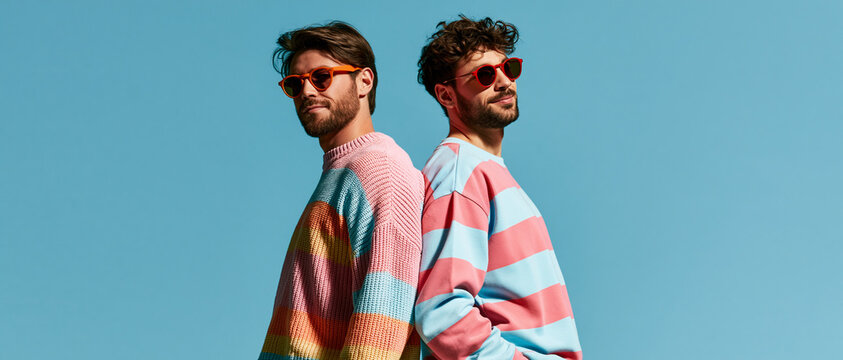 Two stylish young men wearing colorful striped sweaters and sunglasses stand back-to-back against a clear blue sky