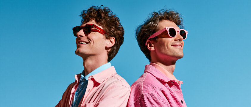 Two stylish young men posing back-to-back, wearing sunglasses and matching pink shirts under a clear blue sky. They both have cheerful expressions, enjoying the sunny day