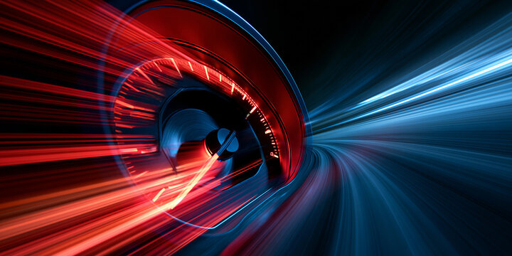 Abstract speed concept with red and blue light streaks, suggesting rapid movement and progress. The focal point is a circular dial with glowing indicators.