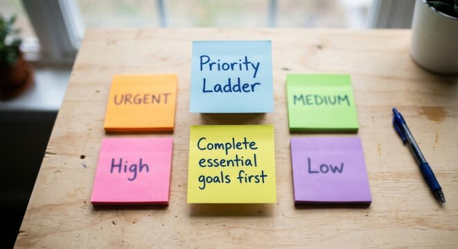 Sticky notes detailing priority tasks and planning steps on a wooden surface