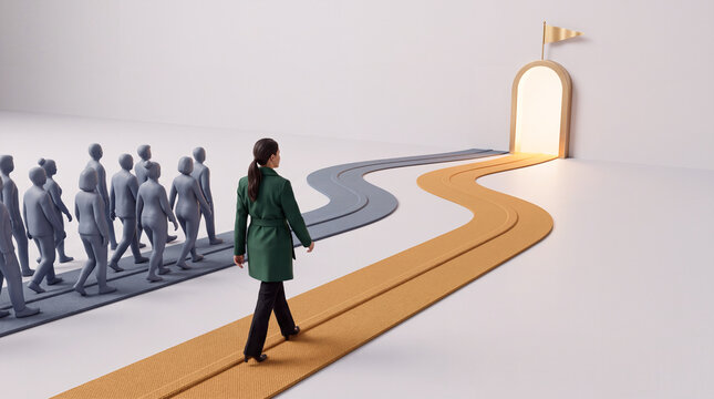 Woman walking golden path to door, opportunity concept 3D