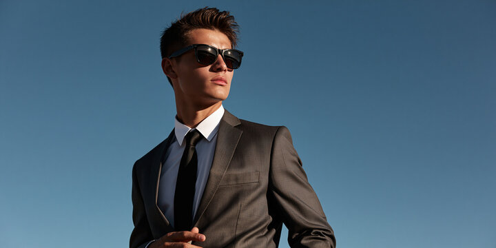 A stylish man in a dark suit and sunglasses stands confidently against a clear blue sky, exuding an air of sophisticated professionalism