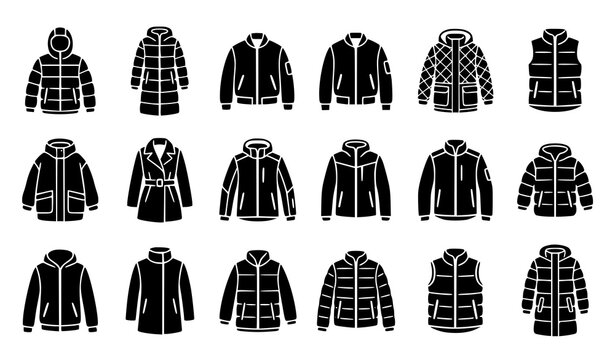 Winter Puffer Jacket and Down Coat Filled Silhouette Icon Collection