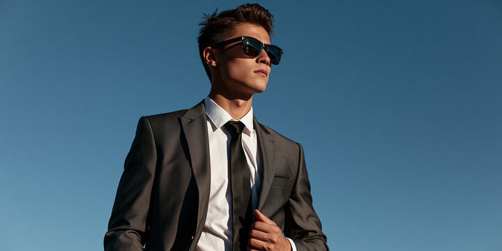 A handsome young man wearing a suit and sunglasses, looking confidently into the distance