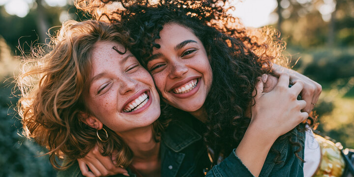 Two young women sharing a heartfelt embrace outdoors, their faces illuminated by the warm glow of the sun. Their genuine laughter and bright smiles convey a deep sense of connection and joy