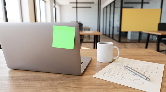 Laptop with a blank green sticky note on a wooden desk in a modern office