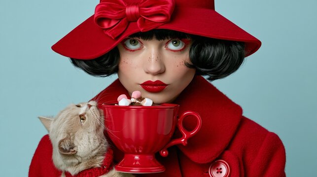 Humorous holiday photo: a person drinking hot cocoa while a cat tries to sip from the mug, on a soft pastel blue background.