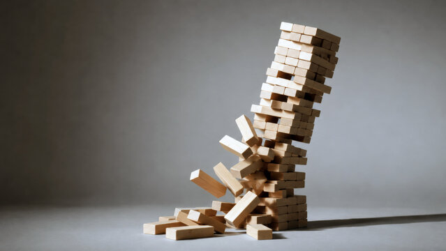 Unstable tower of wooden blocks collapsing against a neutral background, representing business risk, failure, instability, crisis, uncertainty, and financial collapse