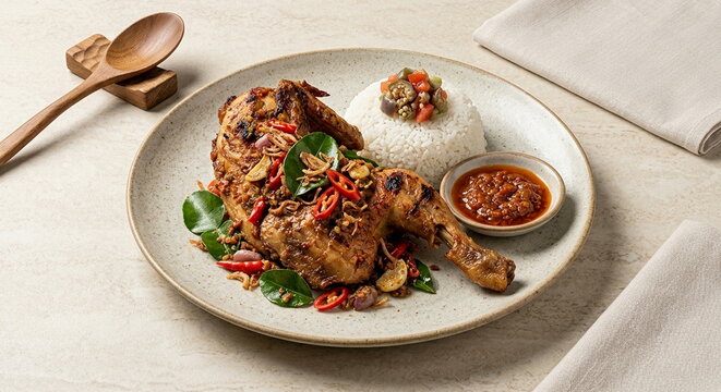 Grilled chicken with rice and spicy chili sambal
