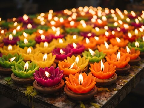 Lotus candles burning brightly in vibrant colors during festival celebration