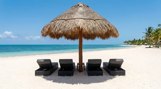 Relaxing tropical beach resort scene with cozy thatched roof parasol shade and comfortable lounge chairs on white sand