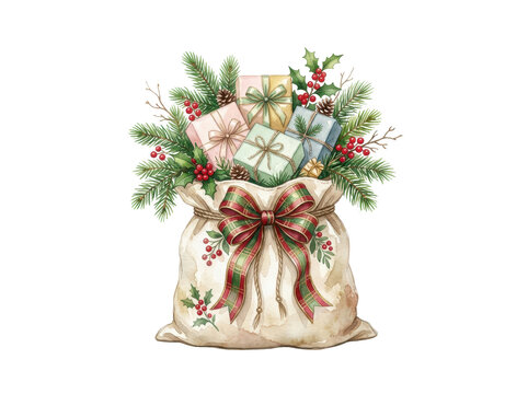 Christmas Gift Bag Surprise: A festive burlap sack overflowing with holiday gifts, adorned with pine branches, holly berries, and a plaid ribbon bow, evoking the spirit of Christmas generosity.