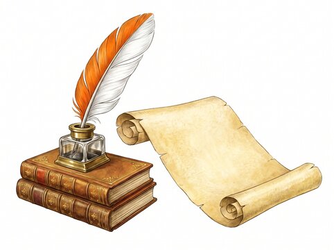 Vintage quill pen inkwell on old books with blank scroll isolated on white background