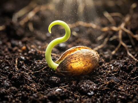 Closeup of a small green sprout emerging from a seed in soil