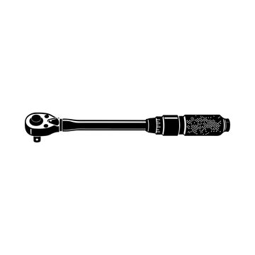 Minimalist Black Solid Glyph Vector Icon Featuring Adjustable Click-Type Torque Wrench with Reversible Ratchet Head, Micrometer Scale Adjustment Sleeve, Knurled Non-Slip Handle, and Square Drive Anvil