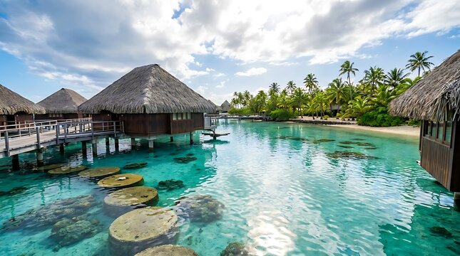 Bora bora overwater bungalows with crystal clear turquoise water and lush tropical palm trees in french polynesia