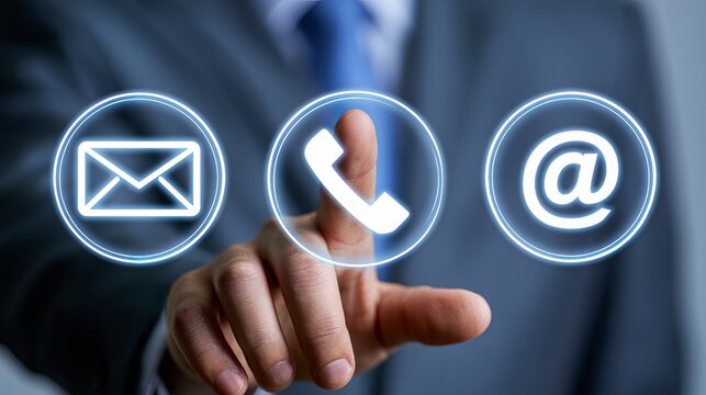 Business professional interacts with contact icons, showcasing communication, connection, and digital networking opportunities