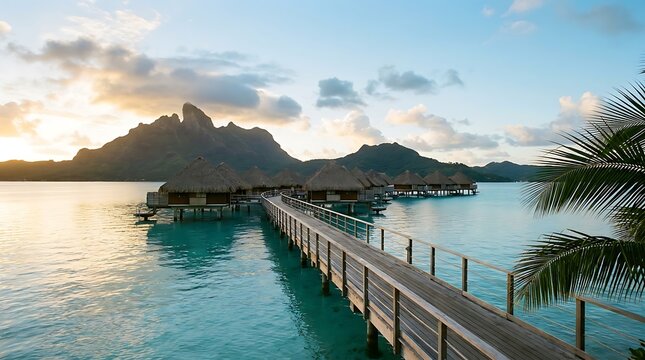 Stunning overwater bungalows in tropical lagoon at sunset with wooden pier