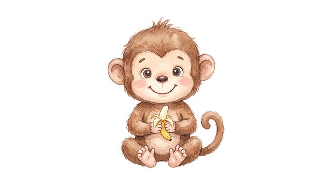 Cute baby monkey watercolor illustration holding a banana isolated on a white background