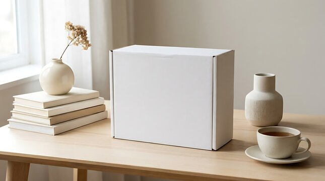 Minimalist white shipping box mockup on wooden desk with books and tea cup