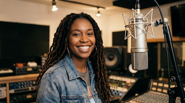 Smiling young woman with dreadlocks recording vocals in music studio