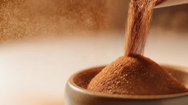 Fine brown powder pouring into a ceramic bowl