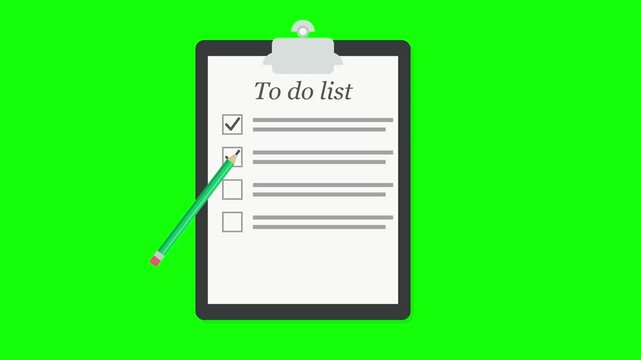 Animated to do list clipboard checking off tasks on green screen