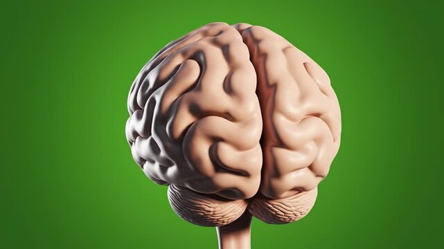 Detailed anatomical model of a human brain rotating against a solid green background