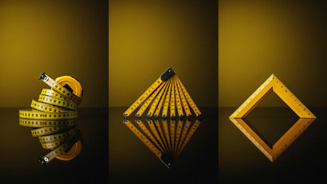 Three yellow measuring tools including a tape measure, a folding ruler, and a square tool