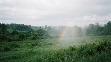 Obraz premium Rainbow in the Misty Field: A faint rainbow arches over a green field, partially veiled by a soft mist, evoking a sense of quiet wonder and natural beauty.