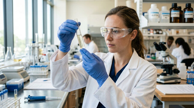 Scientist analyzing liquid in test tube in laboratory with colleagues in background