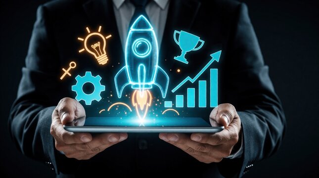 Businessman holds digital tablet with glowing startup ecosystem icons. Blue neon rocket, lightbulb, gear, trophy, growth chart float above screen. Pro entrepreneur uses tech tool for business