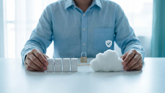 Cloud migration and server computing data transfer concept. Man connecting server cluster by cable to cotton cloud with padlock and shield checkmark for hybrid cloud hosting and cybersecurity