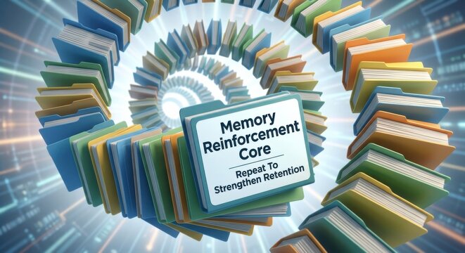A collection of memory reinforcement folders arranged in a spiral, representing learning and knowledge