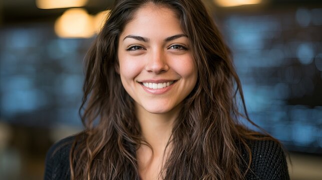 Young woman smiling genuinely, gazing directly at the camera, soft lighting, conveying approachability, concept for lifestyle and beauty