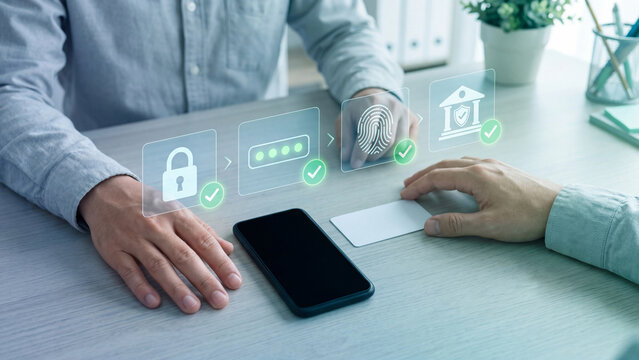 Mobile banking multifactor authentication and cybersecurity concept. Man with smartphone and card, padlock, password, fingerprint and bank checkmark steps for login verification and fraud