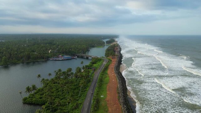    Scenic Drone View of Kappil Beach, Backwaters and Arabian Sea in Varkala, Kerala