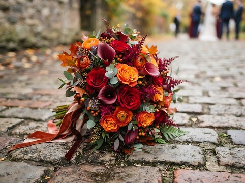 Fall wedding bouquet on cobblestone street with autumn leaves and rustic ribbon