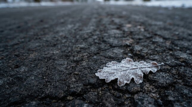 Autumn Leaf Macro Shot on Dark Asphalt Road