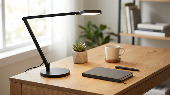 Modern led desk lamp illuminating a notebook on a wooden office workspace