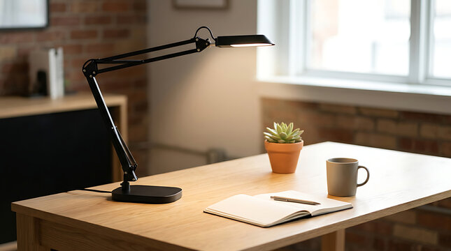 Modern adjustable led desk lamp with notebook on a minimalist home office desk