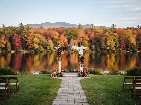 Fall wedding arch at lakeside with autumn foliage and mountain backdrop