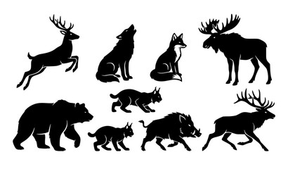 Fototapeta premium Dynamic Woodland Wildlife Silhouettes Featuring Deer Bear Wolf Fox Moose Boar Lynx and Elk