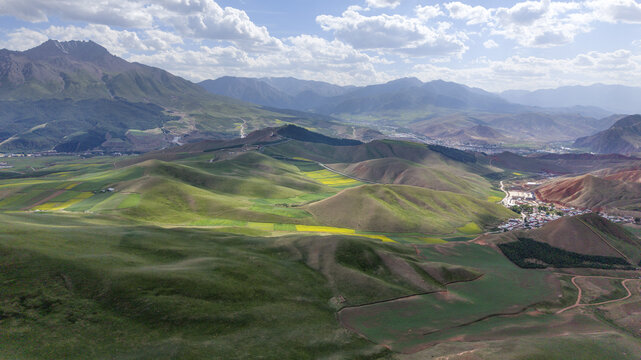 Aerial Landscape of Zhuoer Mountain and Farmland in Qilian County Qinghai