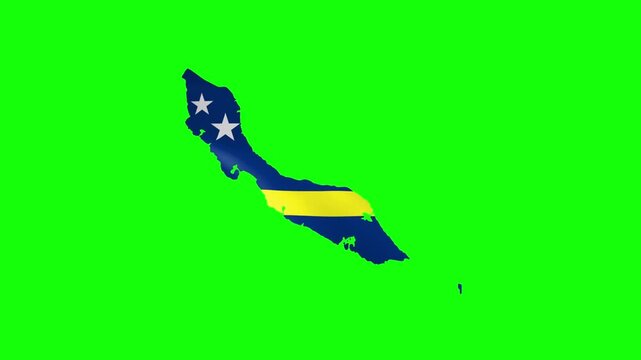 Curacao island map with a waving blue flag, yellow stripe and two white stars on green screen