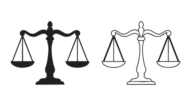 scales of justice silhouette with line art vector icon featuring law