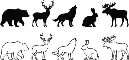 Fototapeta premium Wild Forest Animals Vector Set with Solid Black Silhouettes and Matching Line Art Outlines